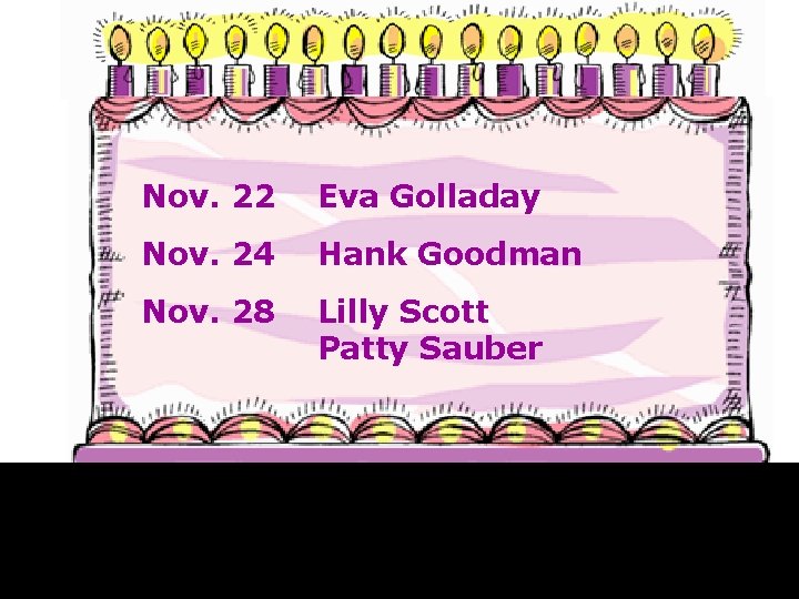 Nov. 22 Eva Golladay Nov. 24 Hank Goodman Nov. 28 Lilly Scott Patty Sauber