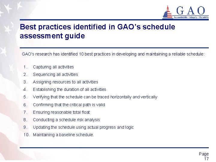 Best practices identified in GAO’s schedule assessment guide GAO’s research has identified 10 best