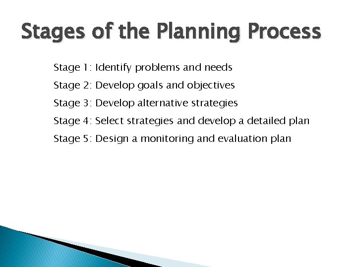 Stages of the Planning Process Stage 1: Identify problems and needs Stage 2: Develop