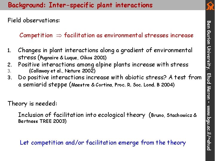 Background: Inter-specific plant interactions Competition facilitation as environmental stresses increase 1. 2. 3. Changes