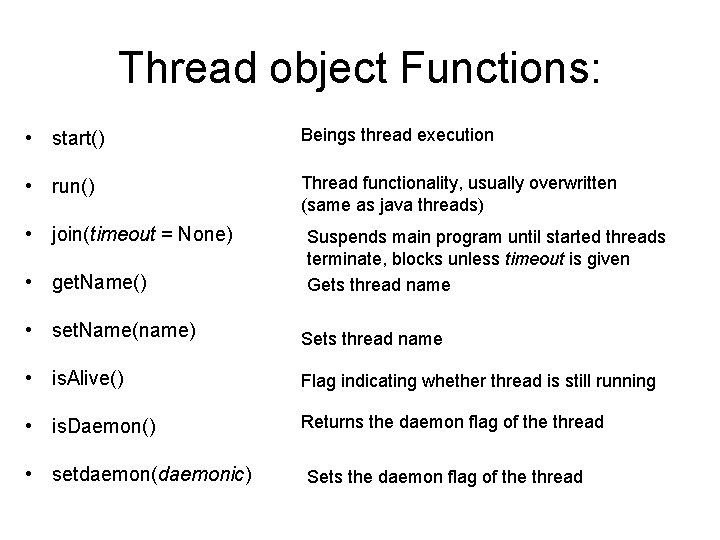 Thread object Functions: • start() Beings thread execution • run() Thread functionality, usually overwritten