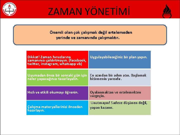 ZAMAN YÖNETİMİ Önemli olan çok çalışmak değil ertelemeden yerinde ve zamanında çalışmaktır. Dikkat! Zaman