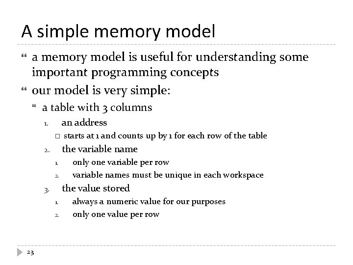 A simple memory model a memory model is useful for understanding some important programming