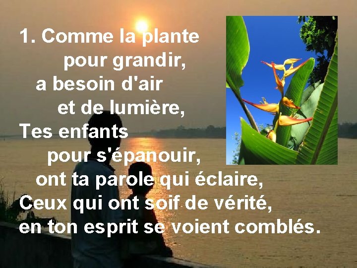 1. Comme la plante pour grandir, a besoin d'air et de lumière, Tes enfants 1. Comme la plante pour grandir, a besoin d'air et de lumière, Tes enfants