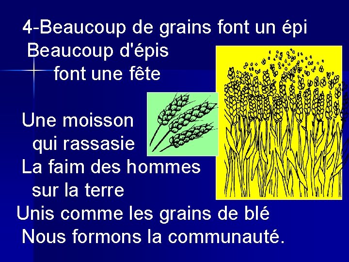 4 -Beaucoup de grains font un épi Beaucoup d'épis font une fête Une moisson