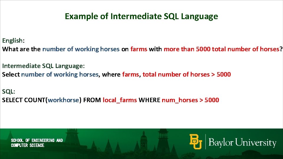 Example of Intermediate SQL Language English: What are the number of working horses on