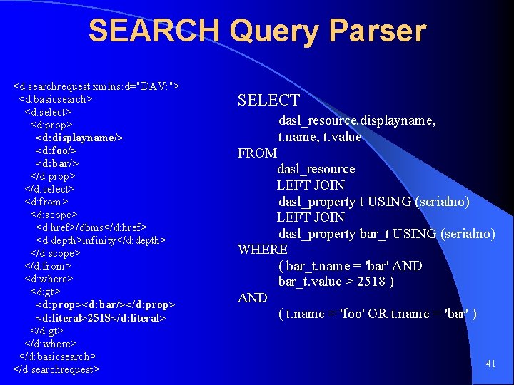 SEARCH Query Parser <d: searchrequest xmlns: d="DAV: "> <d: basicsearch> <d: select> <d: prop>