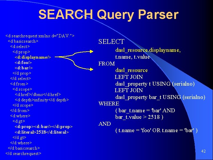 SEARCH Query Parser <d: searchrequest xmlns: d="DAV: "> <d: basicsearch> <d: select> <d: prop>