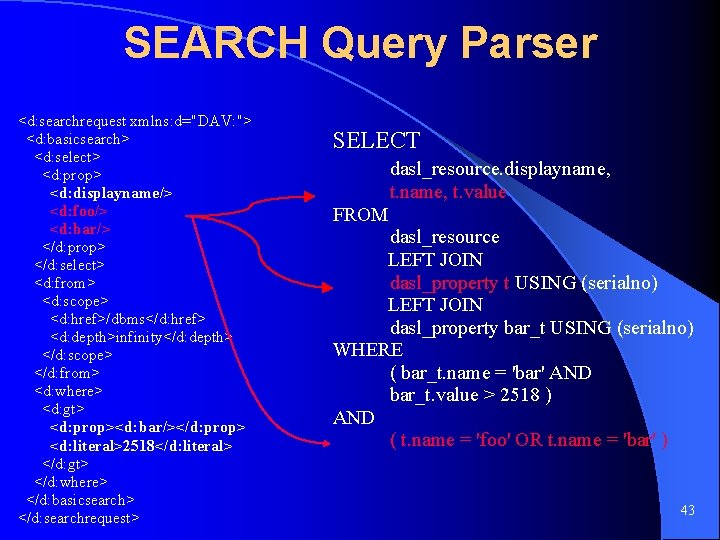 SEARCH Query Parser <d: searchrequest xmlns: d="DAV: "> <d: basicsearch> <d: select> <d: prop>