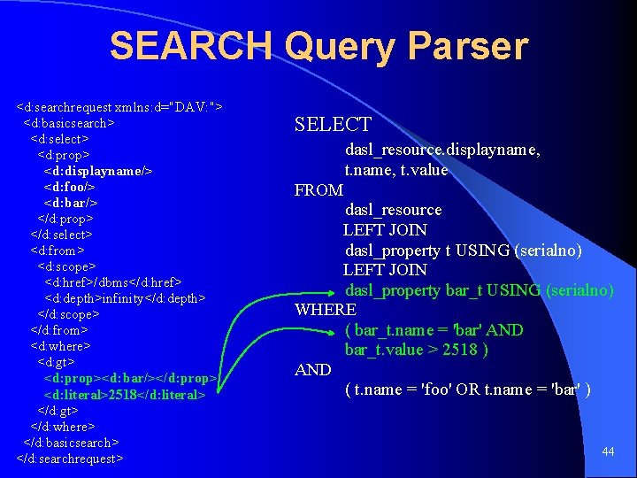 SEARCH Query Parser <d: searchrequest xmlns: d="DAV: "> <d: basicsearch> <d: select> <d: prop>