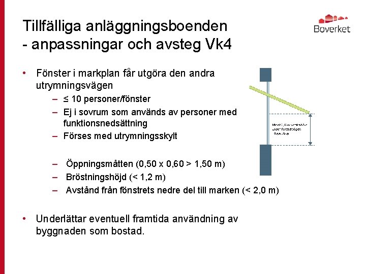 Tillfälliga anläggningsboenden - anpassningar och avsteg Vk 4 • Fönster i markplan får utgöra