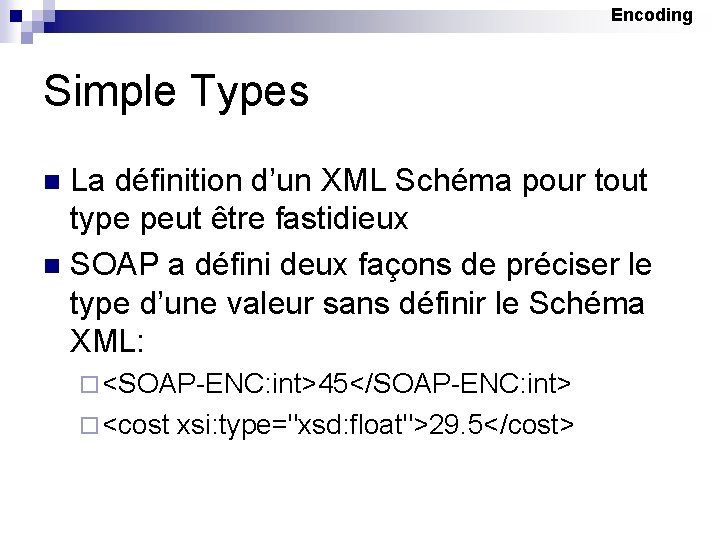 Encoding Simple Types La définition d’un XML Schéma pour tout type peut être fastidieux