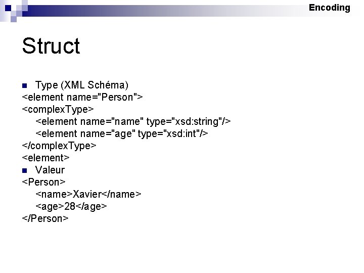 Encoding Struct Type (XML Schéma) <element name="Person"> <complex. Type> <element name="name" type="xsd: string"/> <element