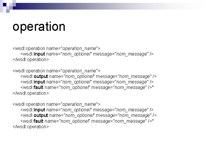 operation <wsdl: operation name="operation_name"> <wsdl: input name="nom_optionel" message="nom_message" /> </wsdl: operation> <wsdl: operation name="operation_name">