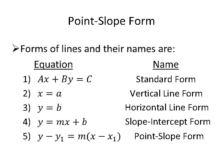 Point-Slope Form • Standard Form Vertical Line Form Horizontal Line Form Slope-Intercept Form Point-Slope