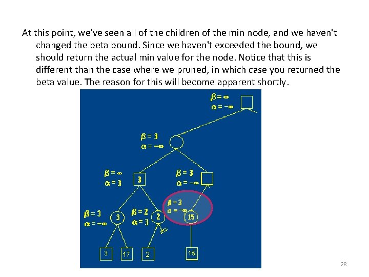 At this point, we've seen all of the children of the min node, and At this point, we've seen all of the children of the min node, and