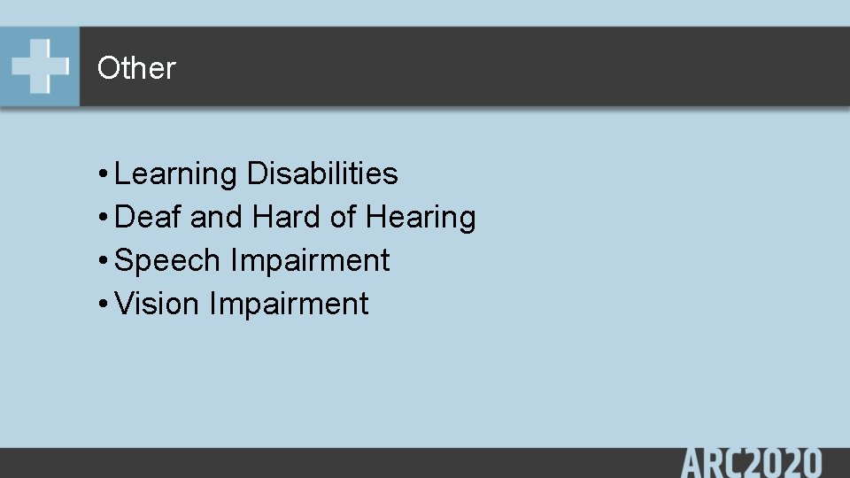 Other • Learning Disabilities • Deaf and Hard of Hearing • Speech Impairment •