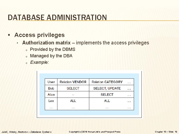 DATABASE ADMINISTRATION § Access privileges • Authorization matrix – implements the access privileges o