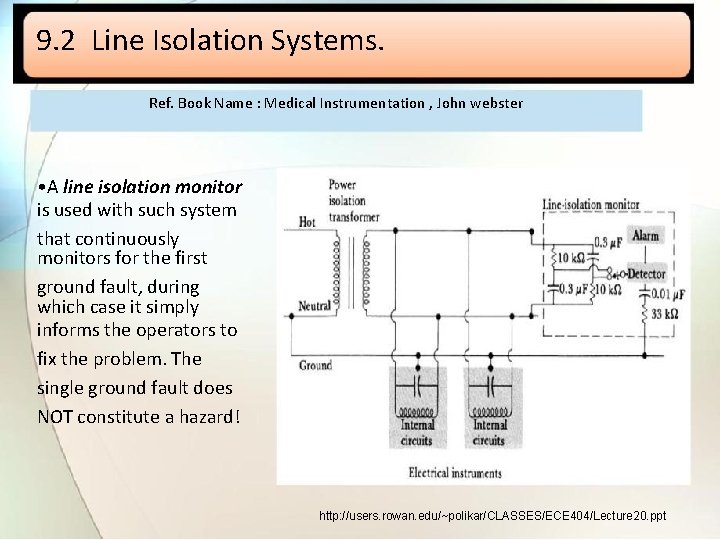 9. 2 Line Isolation Systems. Ref. Book Name : Medical Instrumentation , John webster