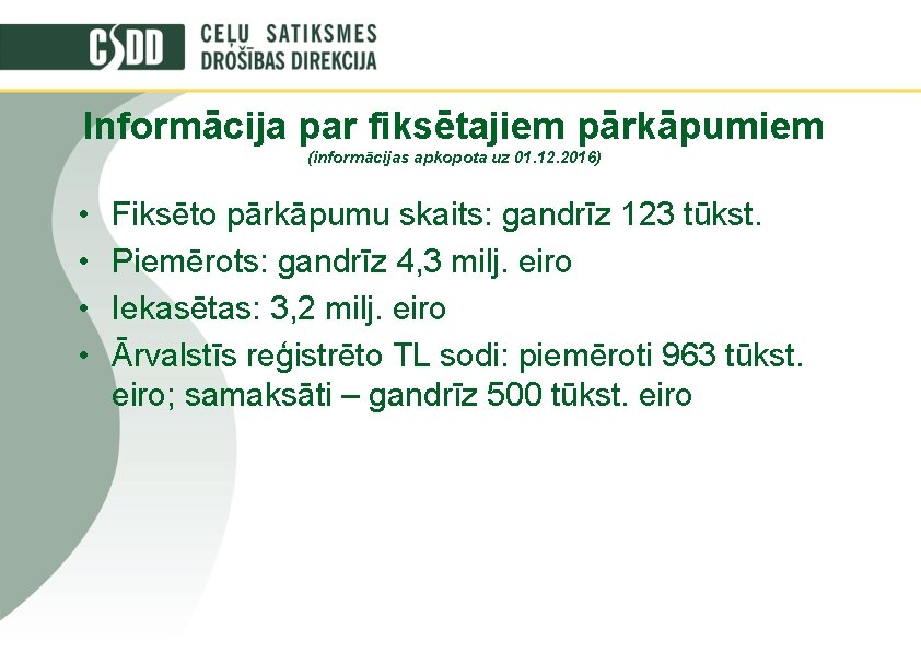 Informācija par fiksētajiem pārkāpumiem (informācijas apkopota uz 01. 12. 2016) • • Fiksēto pārkāpumu