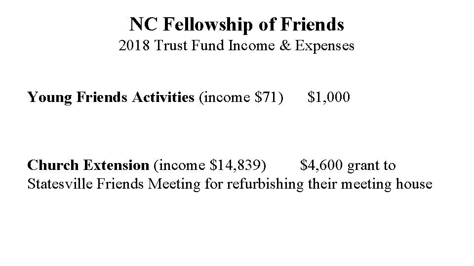 NC Fellowship of Friends 2018 Trust Fund Income & Expenses Young Friends Activities (income