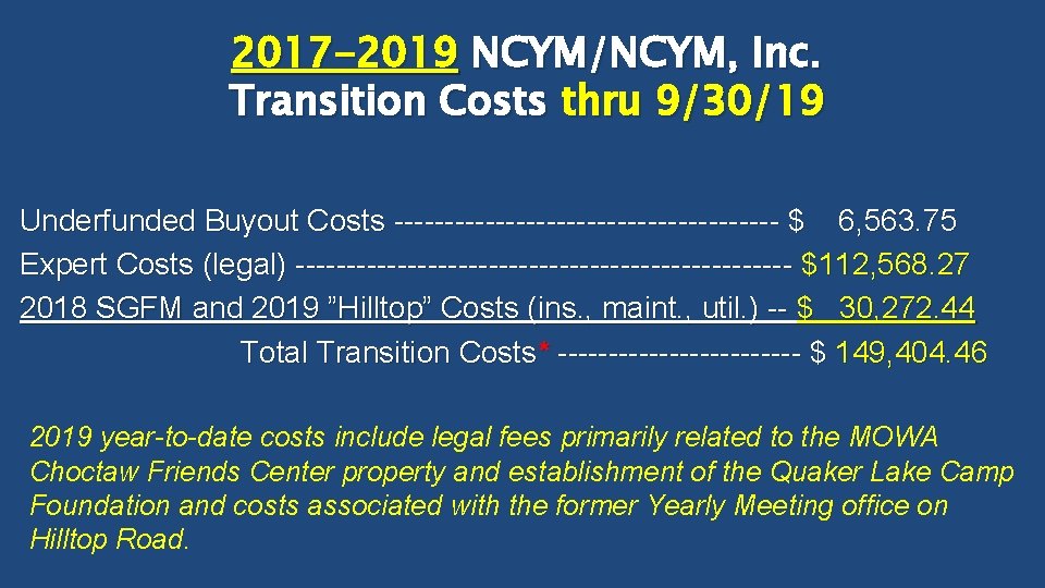 2017 -2019 NCYM/NCYM, Inc. Transition Costs thru 9/30/19 Underfunded Buyout Costs ------------------- $ 6,