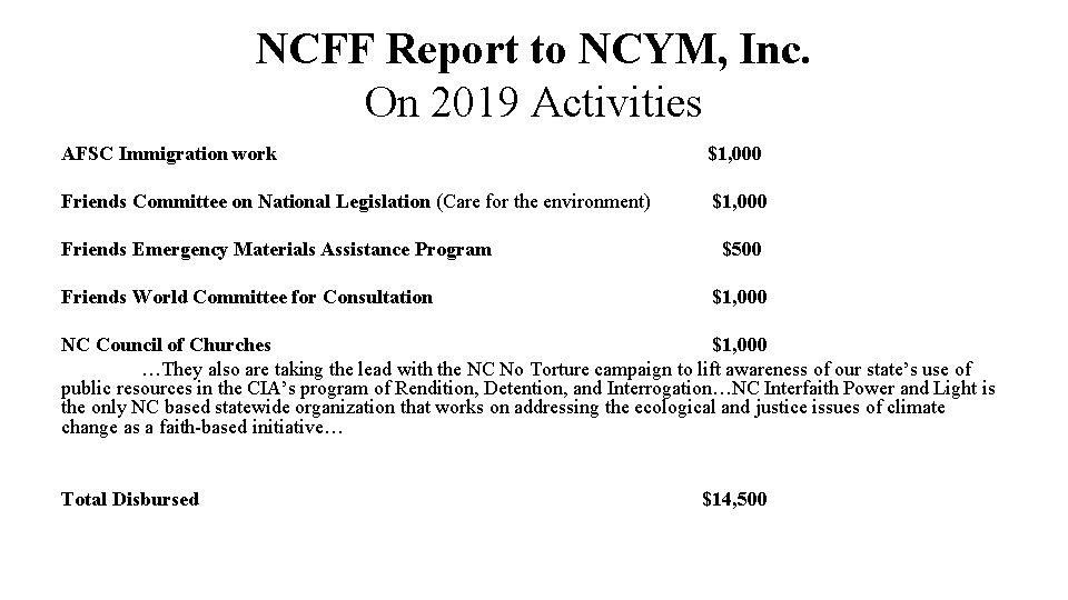 NCFF Report to NCYM, Inc. On 2019 Activities AFSC Immigration work $1, 000 Friends