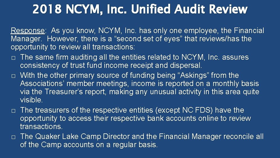 2018 NCYM, Inc. Unified Audit Review Response: As you know, NCYM, Inc. has only