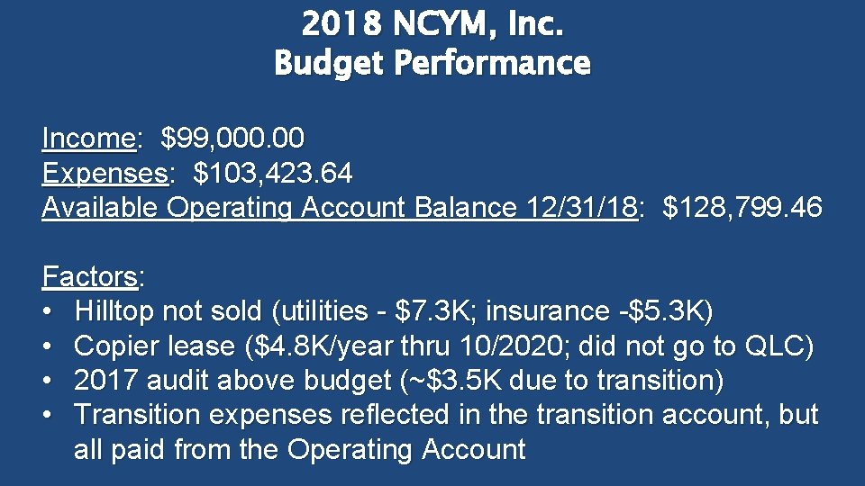 2018 NCYM, Inc. Budget Performance Income: $99, 000. 00 Expenses: $103, 423. 64 Available