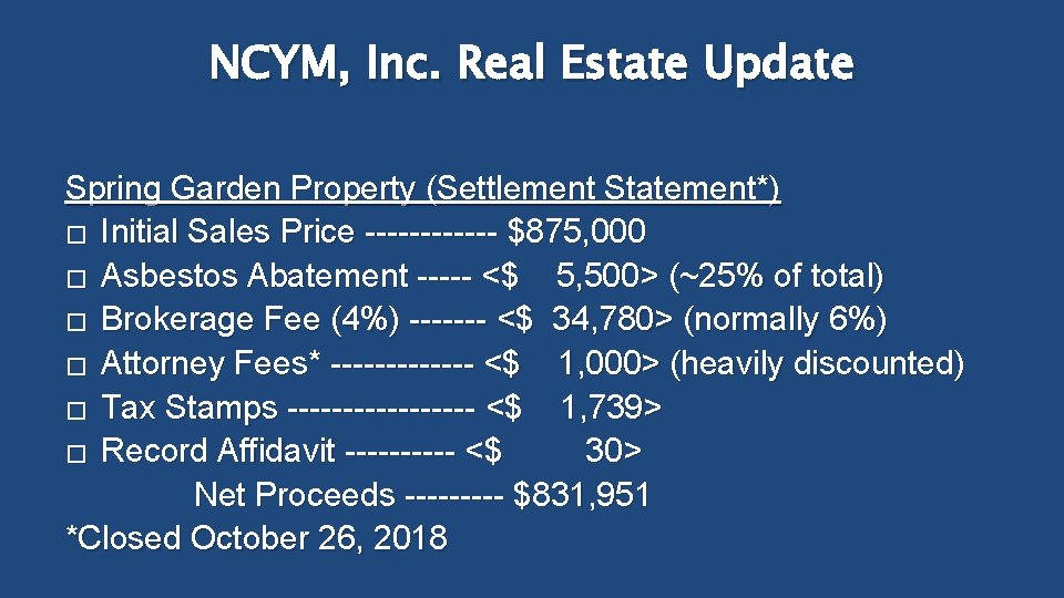 NCYM, Inc. Real Estate Update Spring Garden Property (Settlement Statement*) � Initial Sales Price