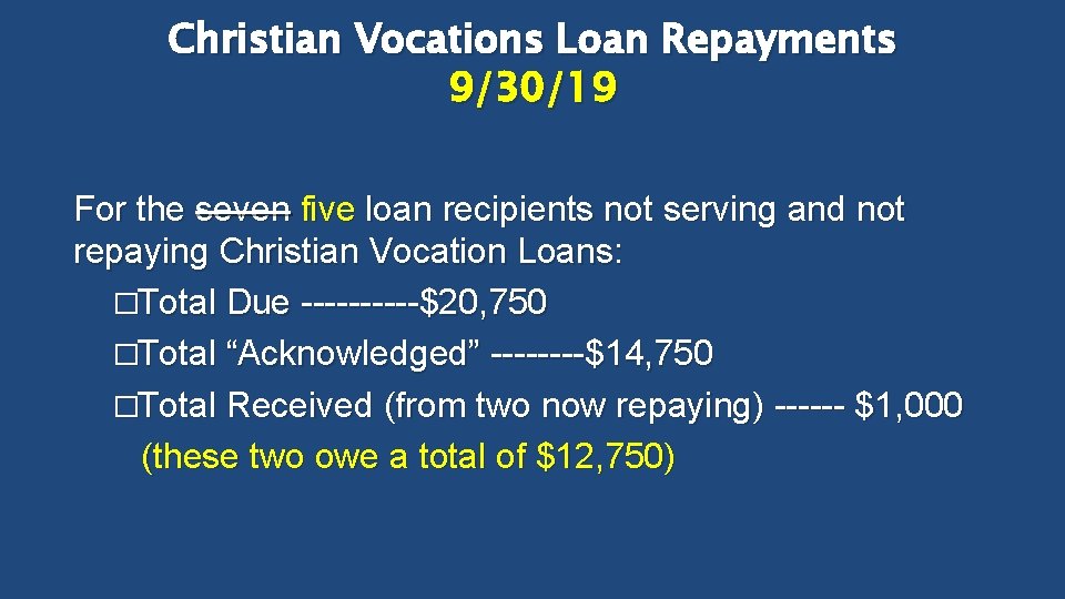 Christian Vocations Loan Repayments 9/30/19 For the seven five loan recipients not serving and