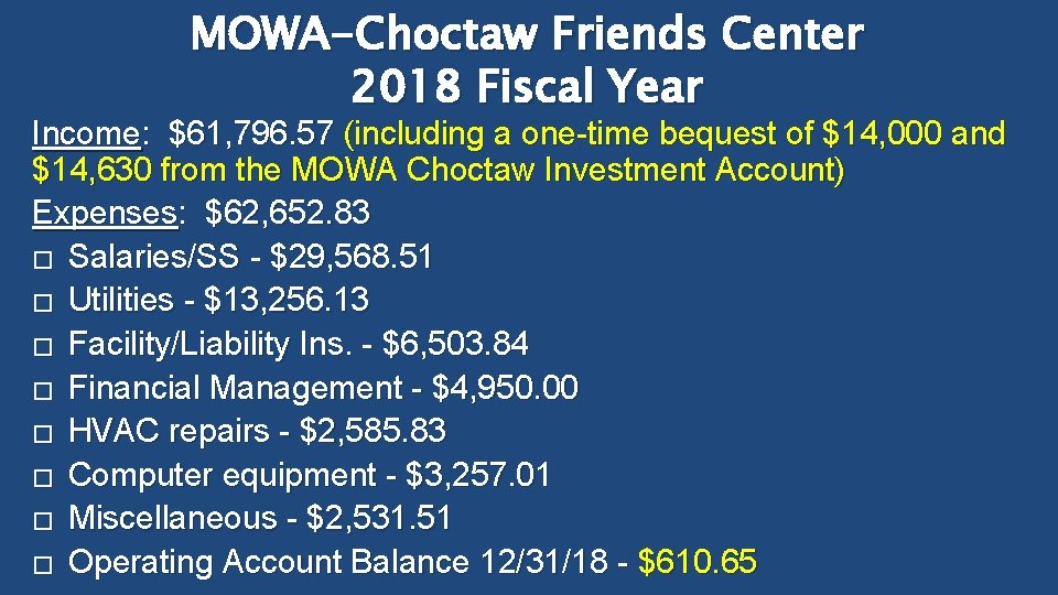 MOWA-Choctaw Friends Center 2018 Fiscal Year Income: $61, 796. 57 (including a one-time bequest