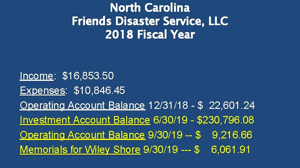 North Carolina Friends Disaster Service, LLC 2018 Fiscal Year Income: $16, 853. 50 Expenses: