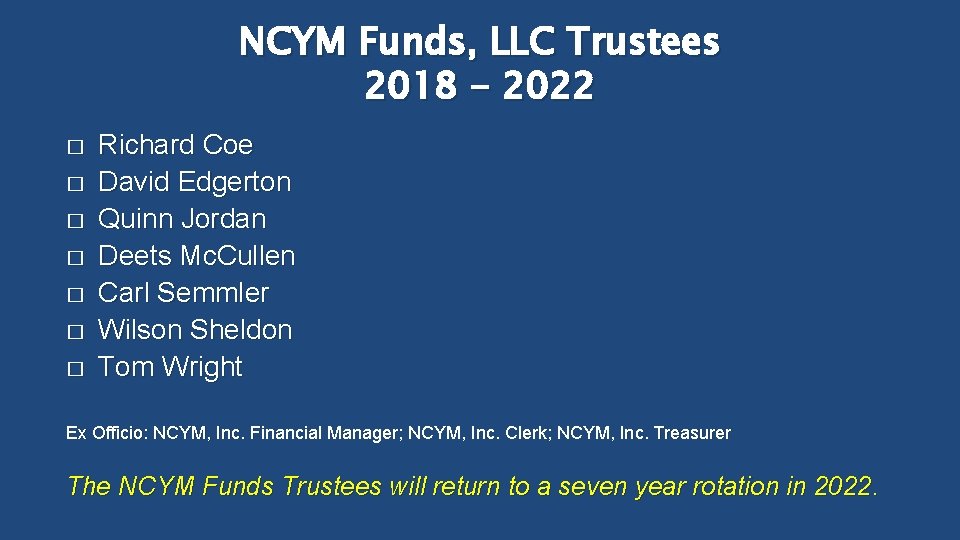 NCYM Funds, LLC Trustees 2018 - 2022 � � � � Richard Coe David