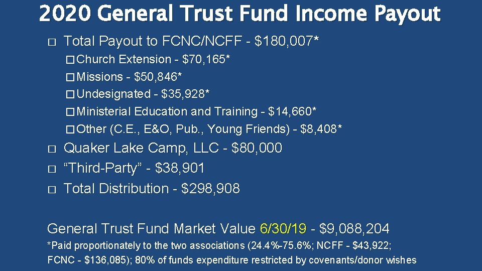2020 General Trust Fund Income Payout � Total Payout to FCNC/NCFF - $180, 007*