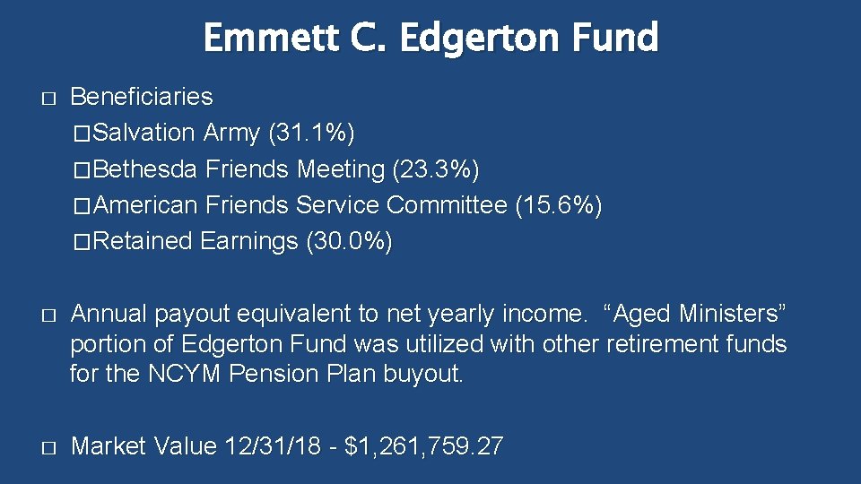 Emmett C. Edgerton Fund � Beneficiaries �Salvation Army (31. 1%) �Bethesda Friends Meeting (23.