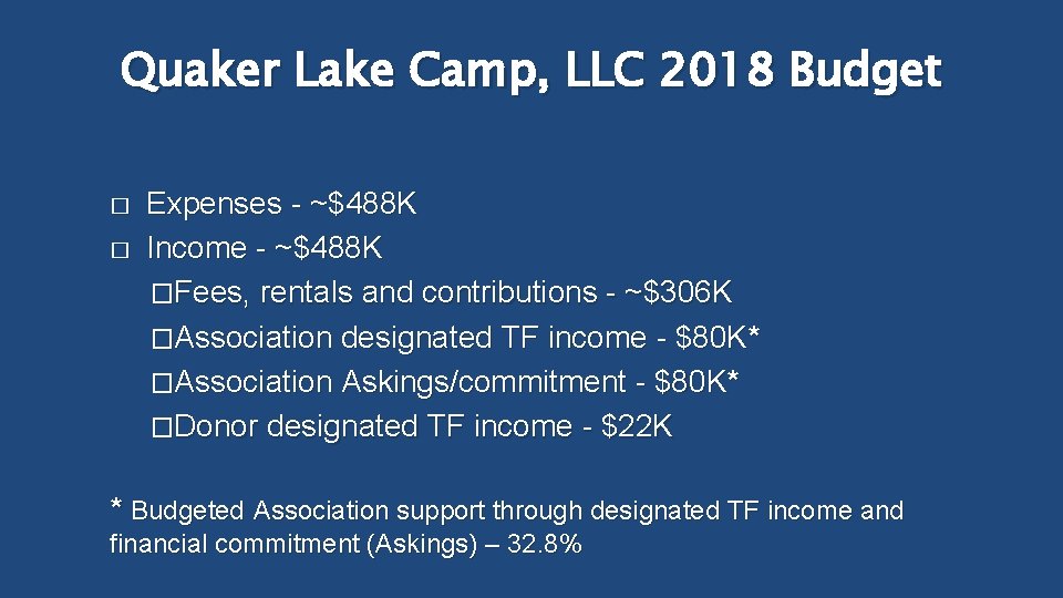 Quaker Lake Camp, LLC 2018 Budget � � Expenses - ~$488 K Income -