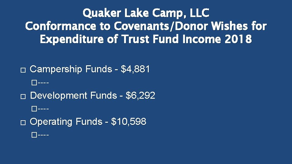 Quaker Lake Camp, LLC Conformance to Covenants/Donor Wishes for Expenditure of Trust Fund Income