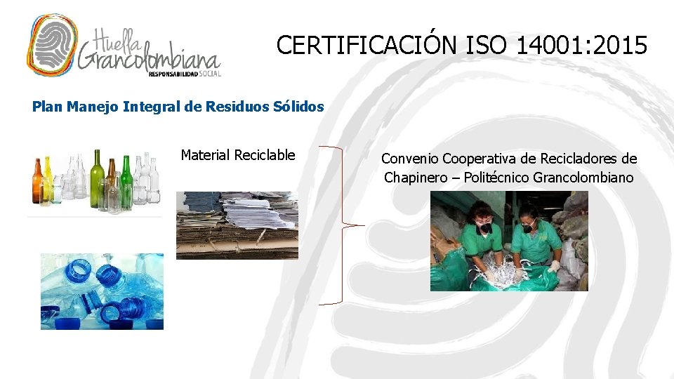 CERTIFICACIÓN ISO 14001: 2015 Plan Manejo Integral de Residuos Sólidos Material Reciclable Convenio Cooperativa