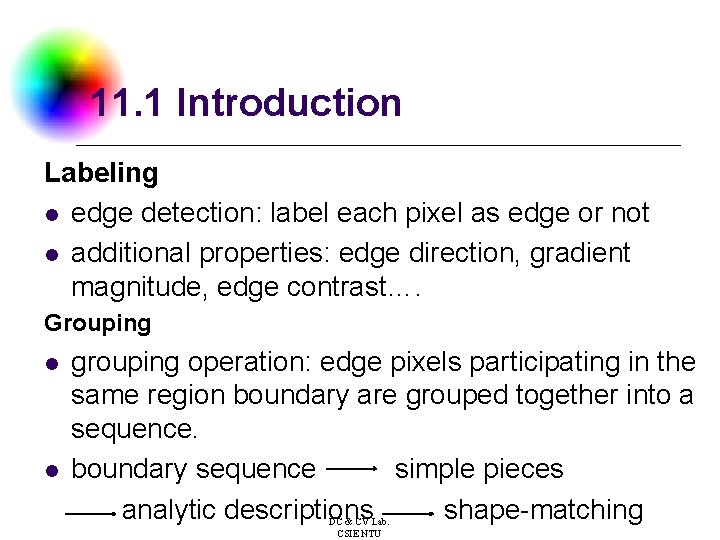 11. 1 Introduction Labeling l edge detection: label each pixel as edge or not