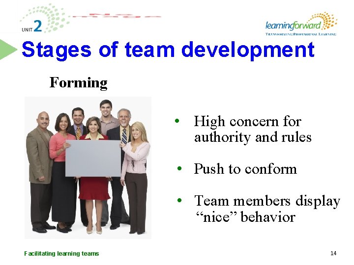 Stages of team development Forming • High concern for authority and rules • Push