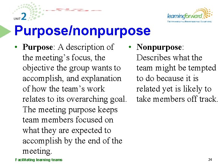 Purpose/nonpurpose • Purpose: A description of • the meeting’s focus, the objective the group