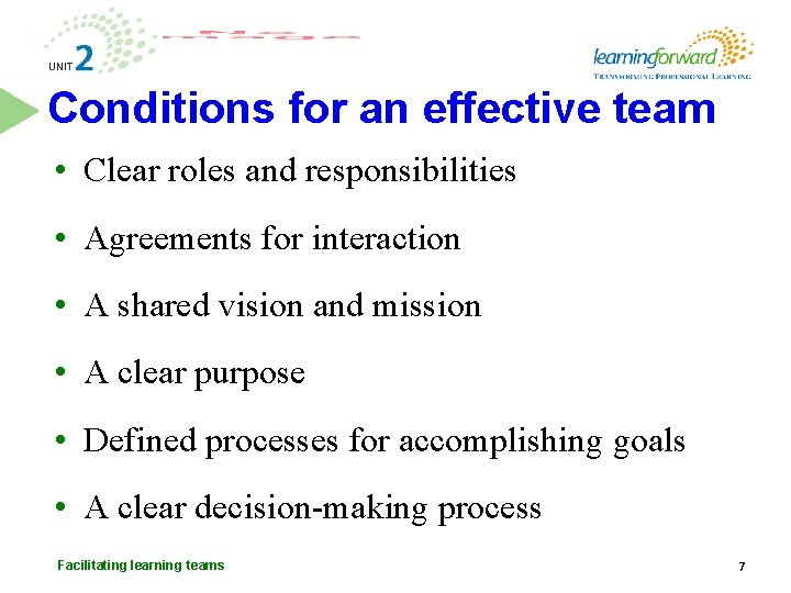 Conditions for an effective team • Clear roles and responsibilities • Agreements for interaction