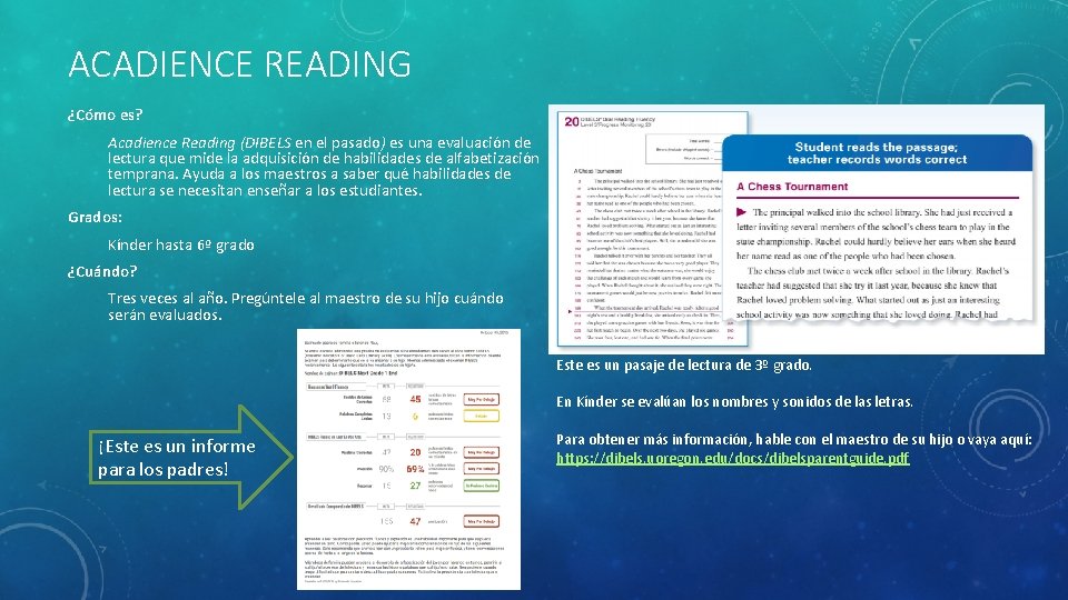 ACADIENCE READING ¿Cómo es? Acadience Reading (DIBELS en el pasado) es una evaluación de