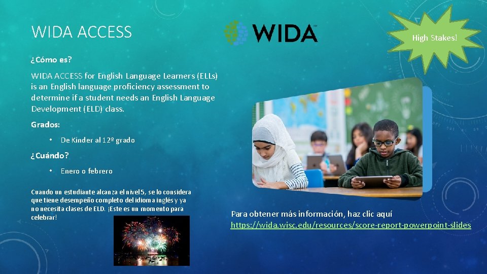 WIDA ACCESS High Stakes! ¿Cómo es? WIDA ACCESS for English Language Learners (ELLs) is