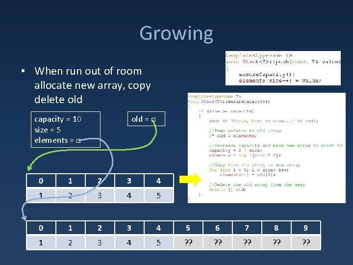Growing • When run out of room allocate new array, copy delete old capacity