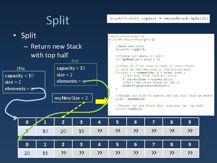 Split • Split – Return new Stack with top half top capacity = 10