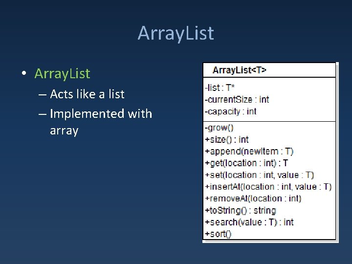 Array. List • Array. List – Acts like a list – Implemented with array