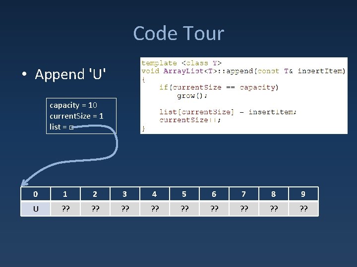 Code Tour • Append 'U' capacity = 10 current. Size = 1 list =
