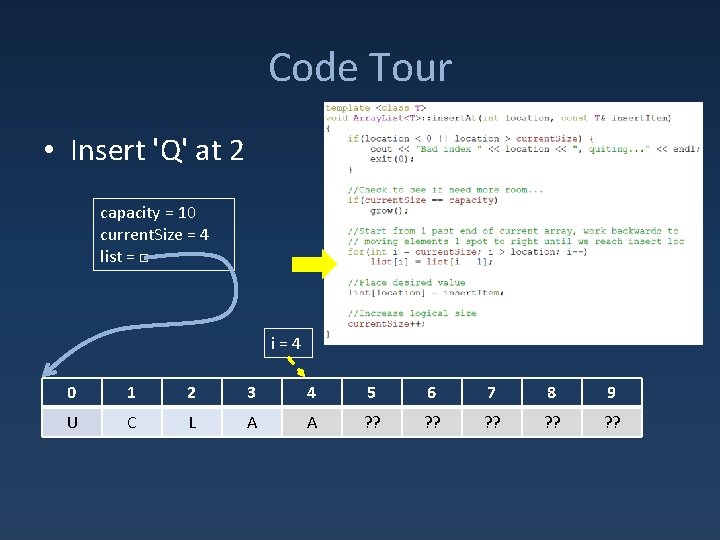 Code Tour • Insert 'Q' at 2 capacity = 10 current. Size = 4